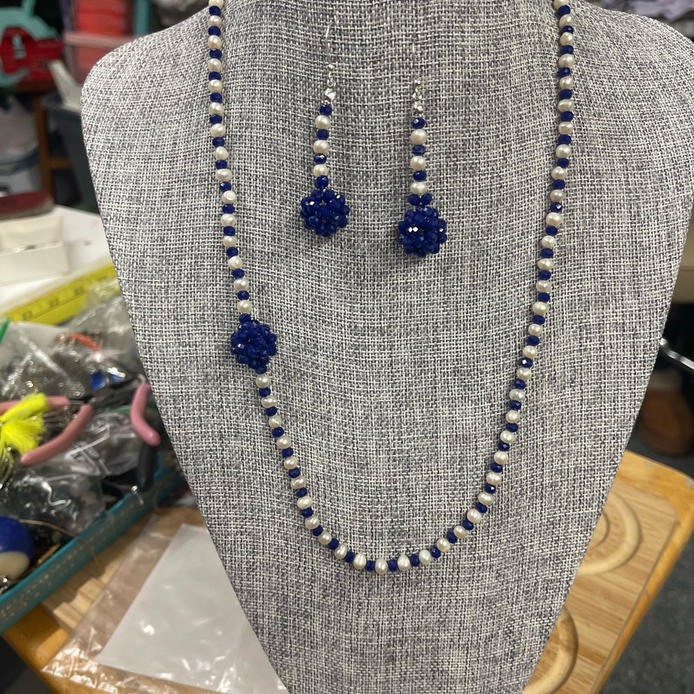 Blue and White Beaded Necklace and Earring Set